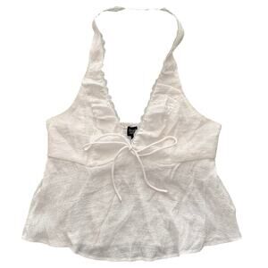 Beverly & Beck White Y2K Lace Trim Halter Top CottageCore Babydoll Front Tie-S